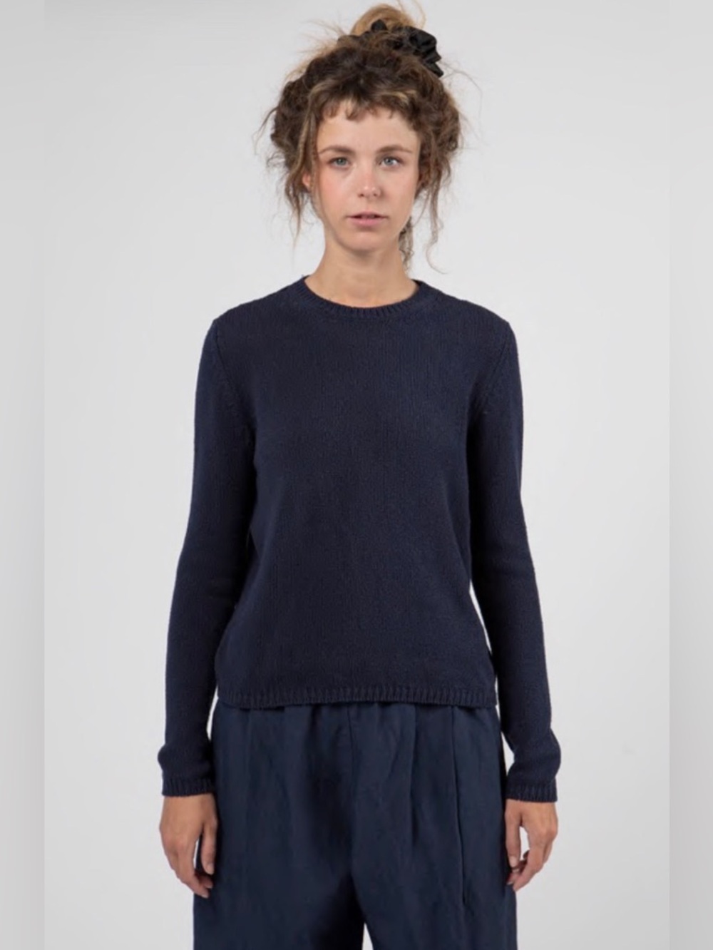 apuntob Luxury Alpaca Wool & Cotton Everyday Navy Crewneck Sweater Size Small